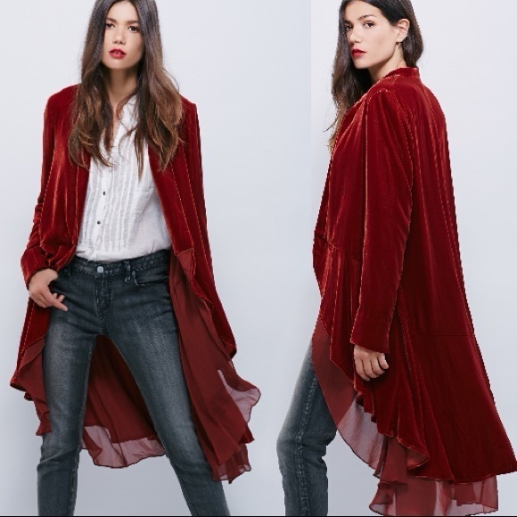 Free People Orange Red Velvet Duster Jacket - Picture 1 of 7